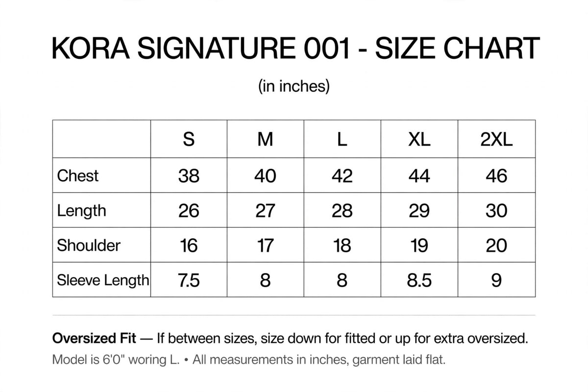 A size chart table for KORA SIGNATURE 001, showing measurements in inches for sizes S through 2XL. The chart includes chest, length, shoulder, and sleeve length, with notes at the bottom about oversized fit and model information.